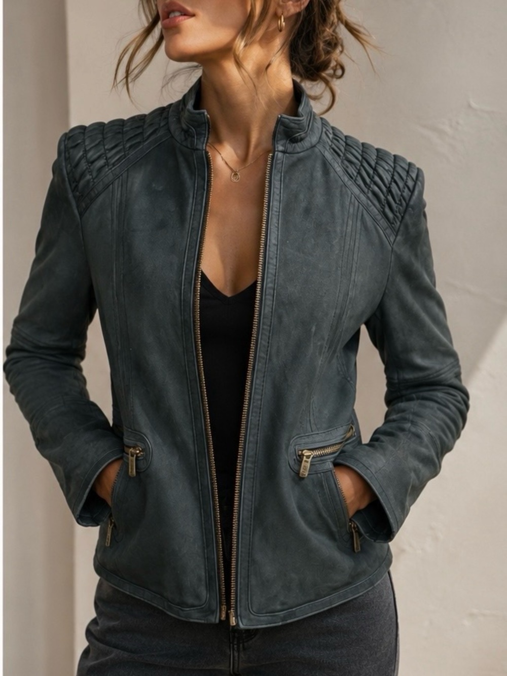 Wilson's Leather Black/Gray Leather suede quilted moto jacket size medium